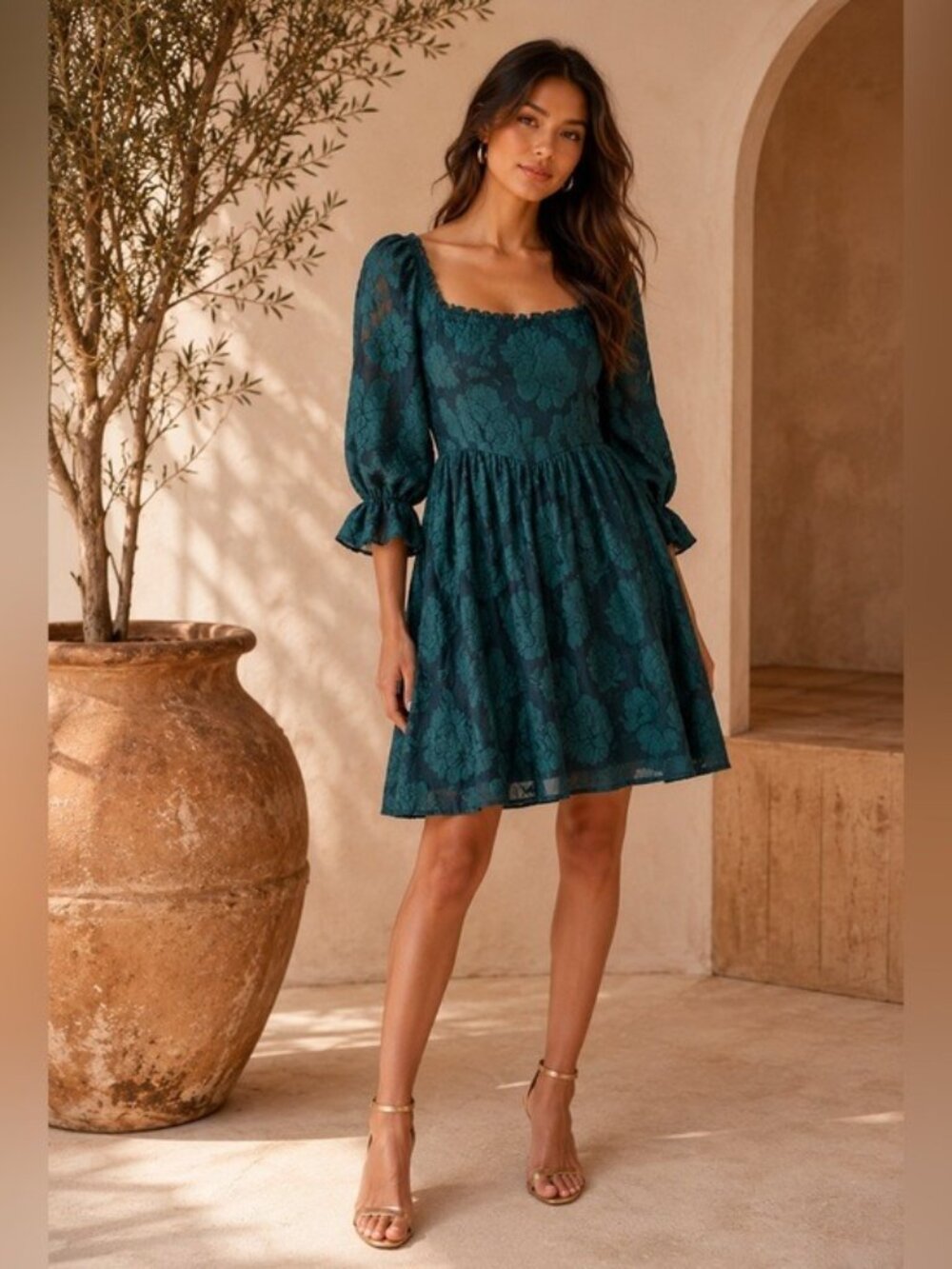 Charmed Heart Teal Floral Jacquard Babydoll Dress XL Puff Sleeve Milkmaid